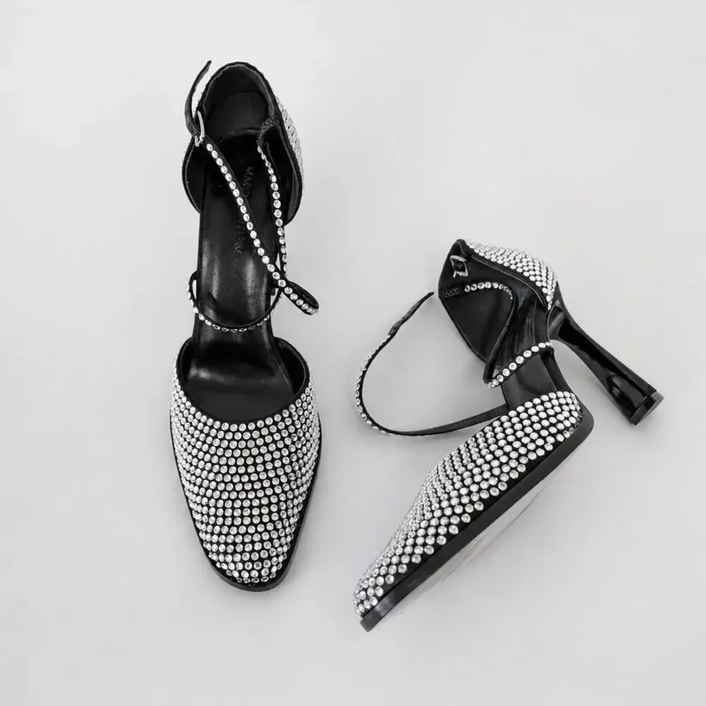 Magda Butrym Satin Crystal Ankle Strap Pumps Womens EU38/US8 Black NWOT